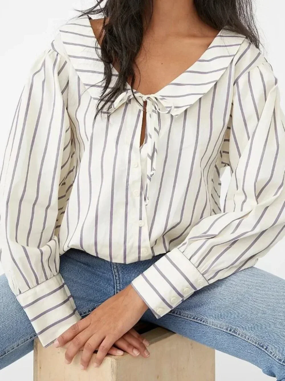 NWT Free People Lookin' for A Love ivory purple striped  button up tie top